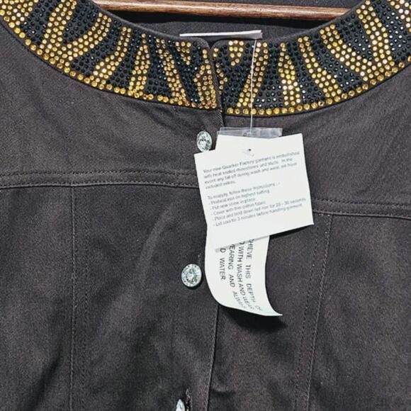 The Quacker Factory Brown Denim Jacket Size XL Animal Print Embellished Pockets - Picture 5 of 9